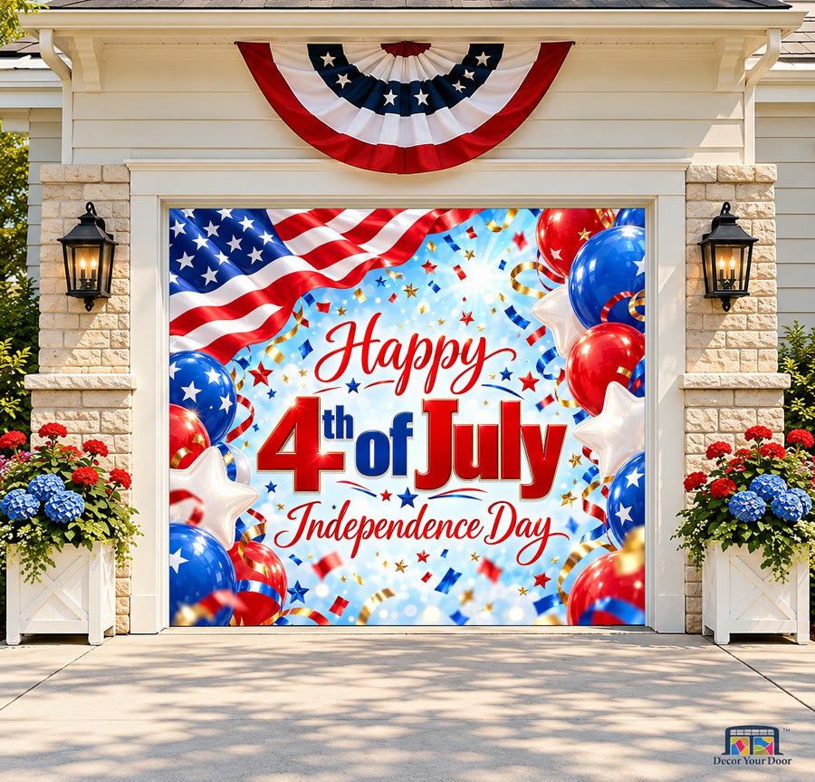 Patriotic Balloon Celebration Garage Door Cover — one-car front house view