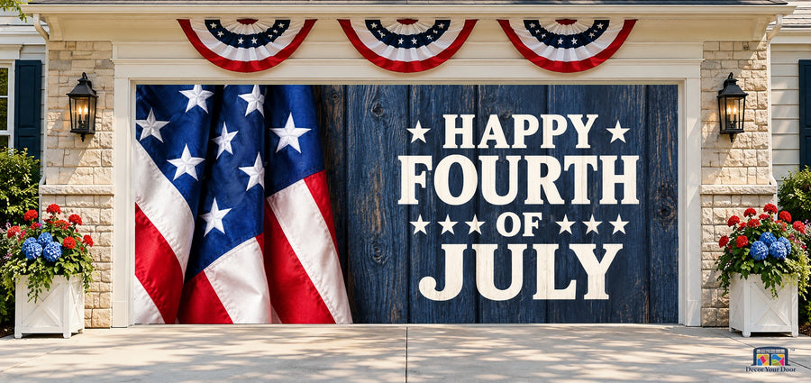 Rustic Fourth of July Garage Door Cover — two-car front house view