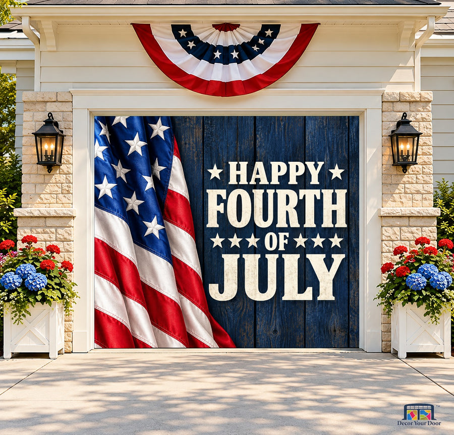 Rustic Fourth of July Garage Door Cover — one-car front house view