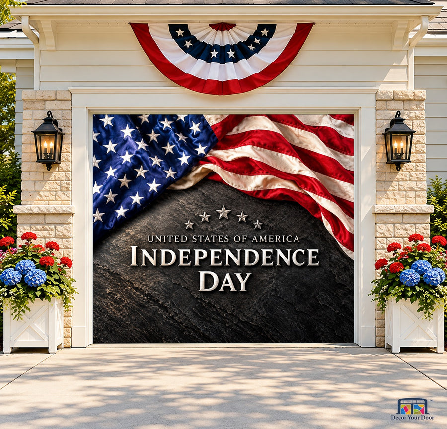 Stone and Stars Garage Door Cover — one-car front house view