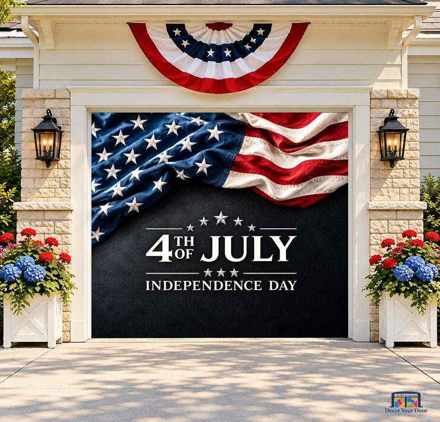 Midnight Independence Garage Door Cover — one-car front house view