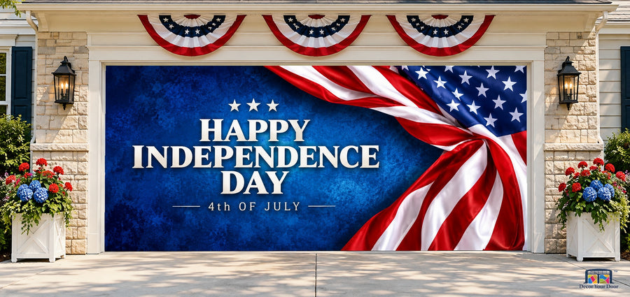 Blue Independence Garage Door Cover — two-car front house view