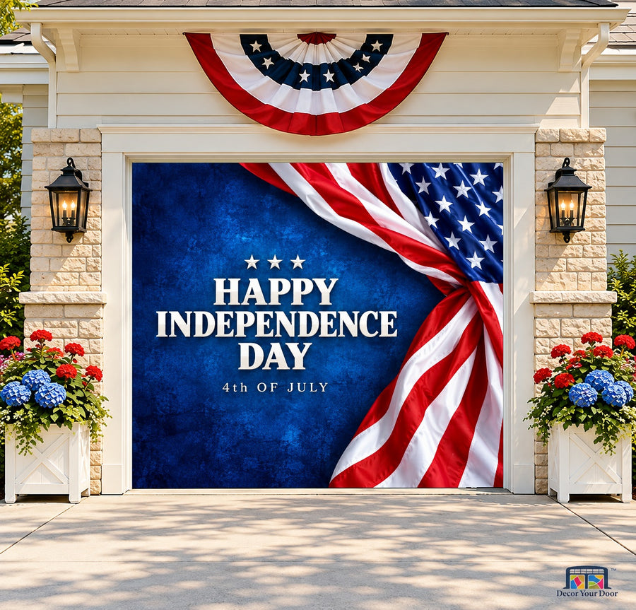 Blue Independence Garage Door Cover — one-car front house view
