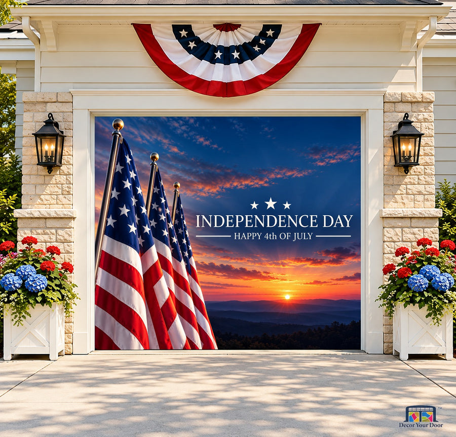 Independence at Dusk Garage Door Cover — one-car front house view