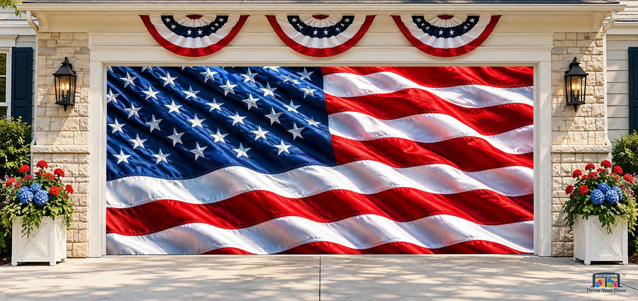Waving American Flag Garage Door Cover — two-car front house view