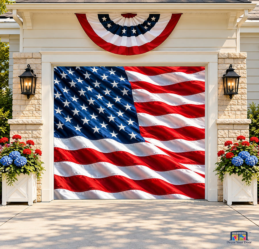 Waving American Flag Garage Door Cover — one-car front house view