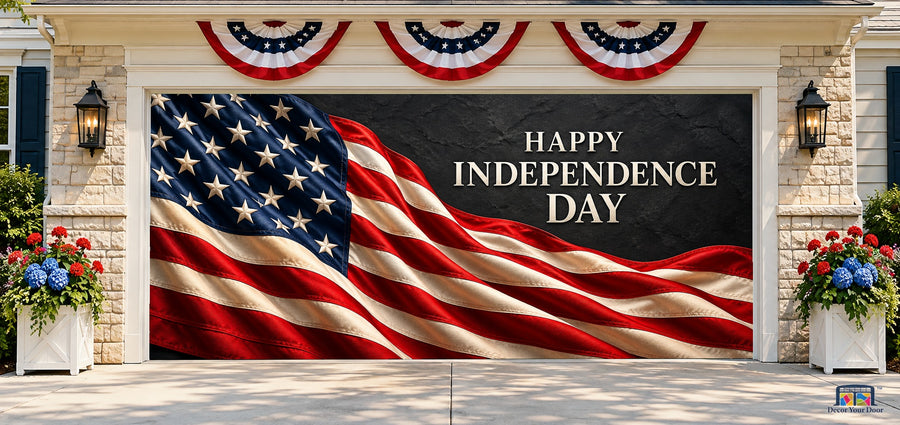 Patriotic Glory Garage Door Cover — two-car front house view