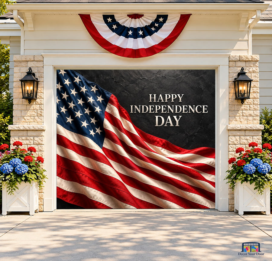 Patriotic Glory Garage Door Cover — one-car front house view
