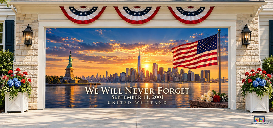 United in Remembrance Garage Door Cover — two-car front house view