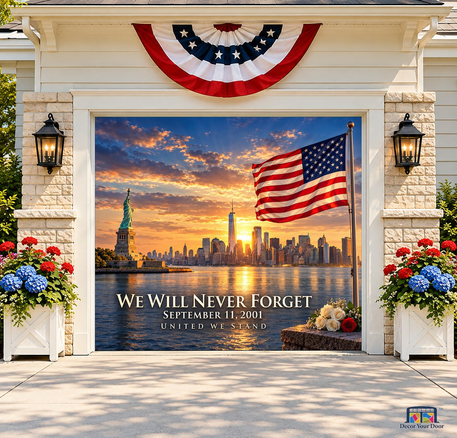 United in Remembrance Garage Door Cover — one-car front house view