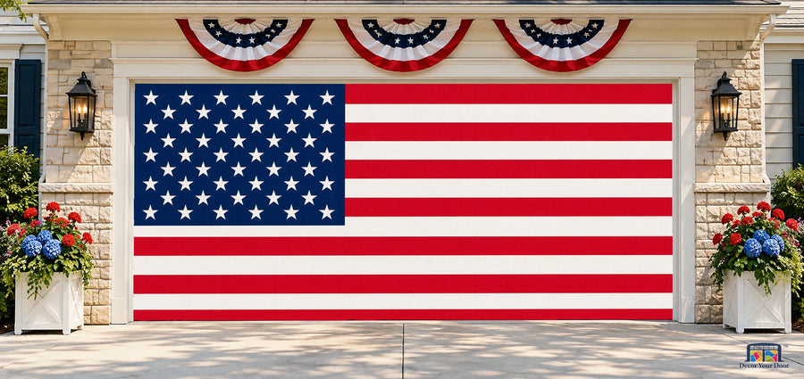 Classic Stars and Stripes Garage Door Cover — two-car front house view