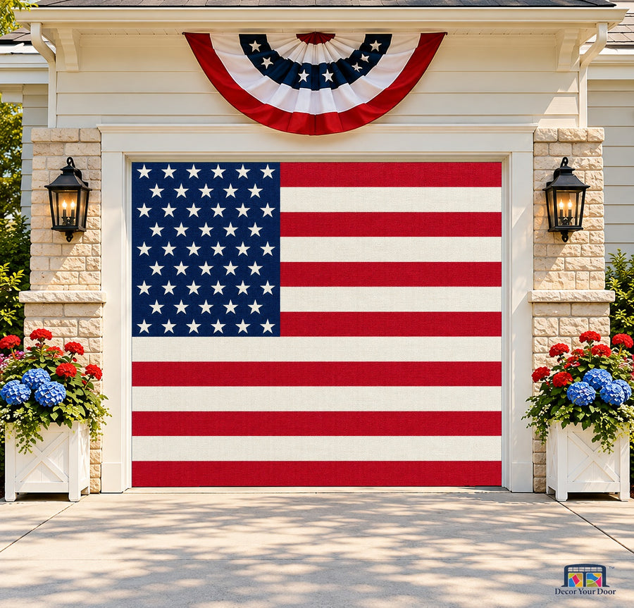 Classic Stars and Stripes Garage Door Cover — one-car front house view