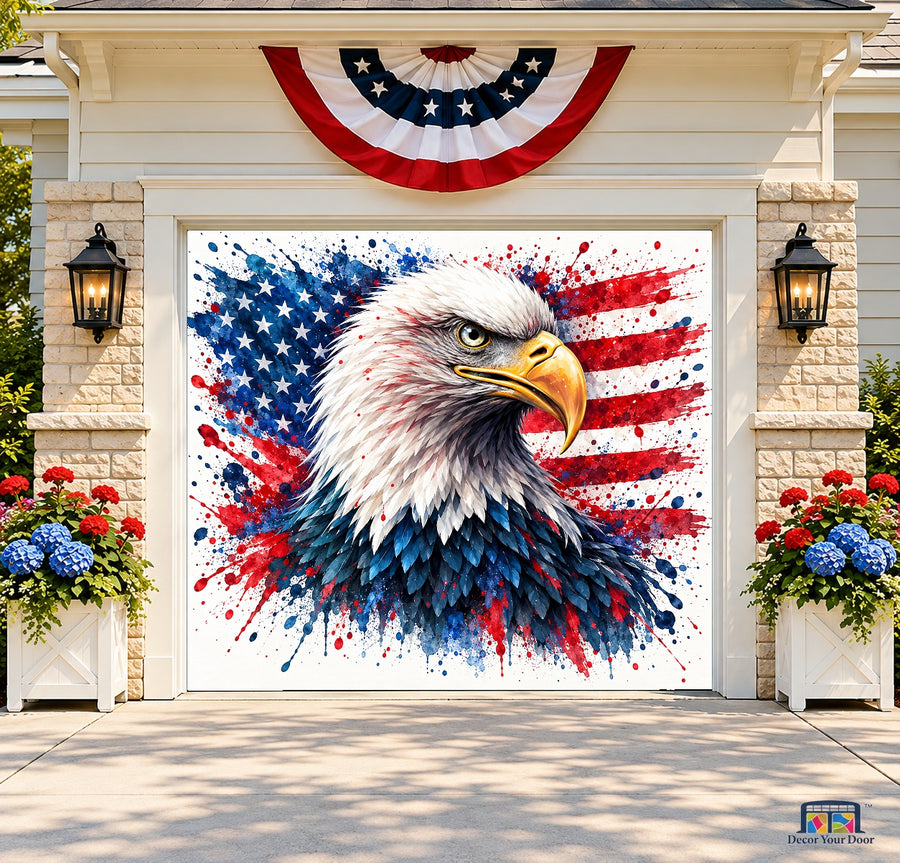 Watercolor American Eagle Garage Door Cover — one-car front house view