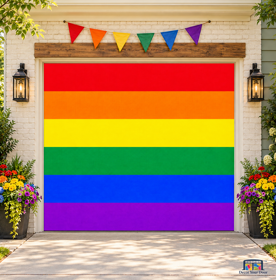 Rainbow Pride Flag Garage Door Cover — one-car garage, front view
