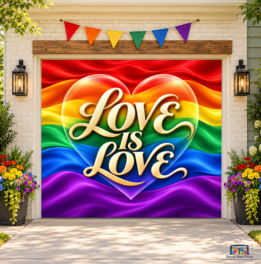 Love Is Love Pride Garage Door Cover — one-car garage, front view