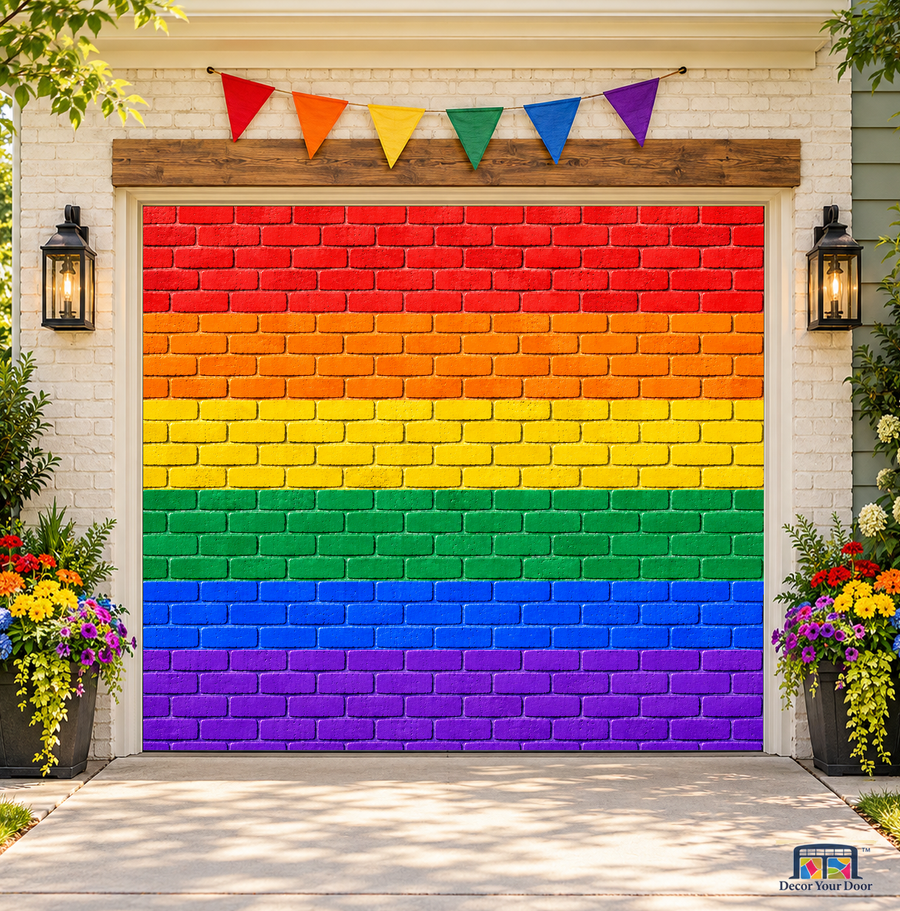 Rainbow Brick Wall Pride Garage Door Cover — one-car garage, front view