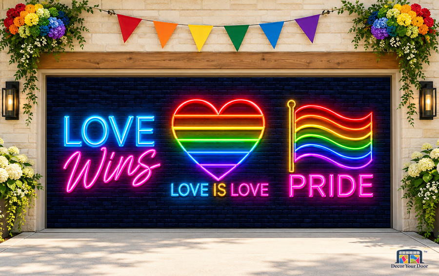 Pride Neon Signs Garage Door Cover — two-car garage, front view