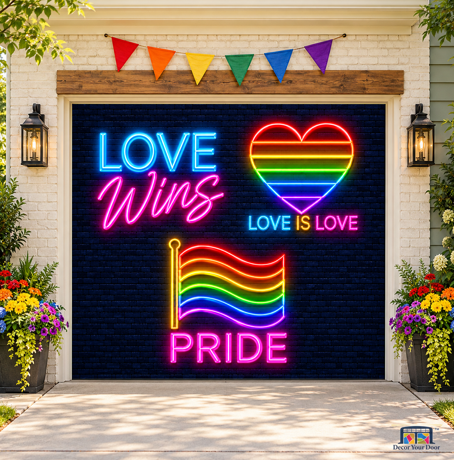 Pride Neon Signs Garage Door Cover — one-car garage, front view