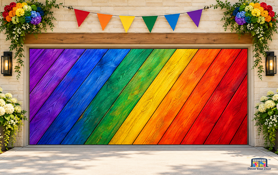 Rainbow Wood Pride Garage Door Cover — two-car garage, front view