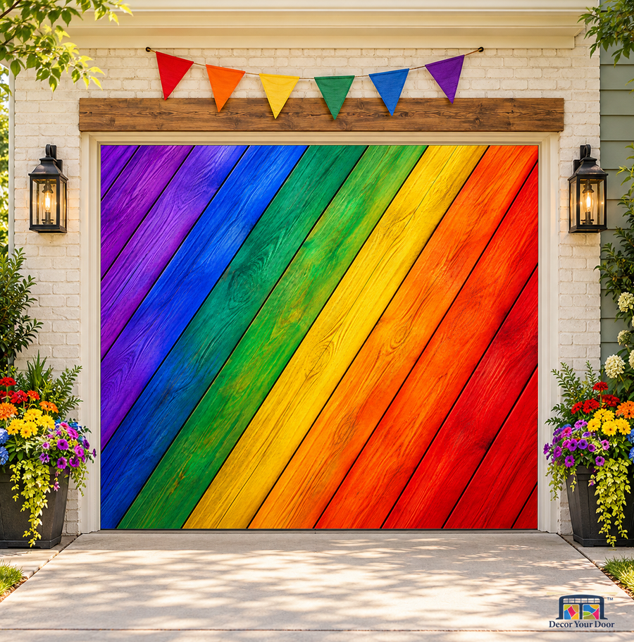 Rainbow Wood Pride Garage Door Cover — one-car garage, front view