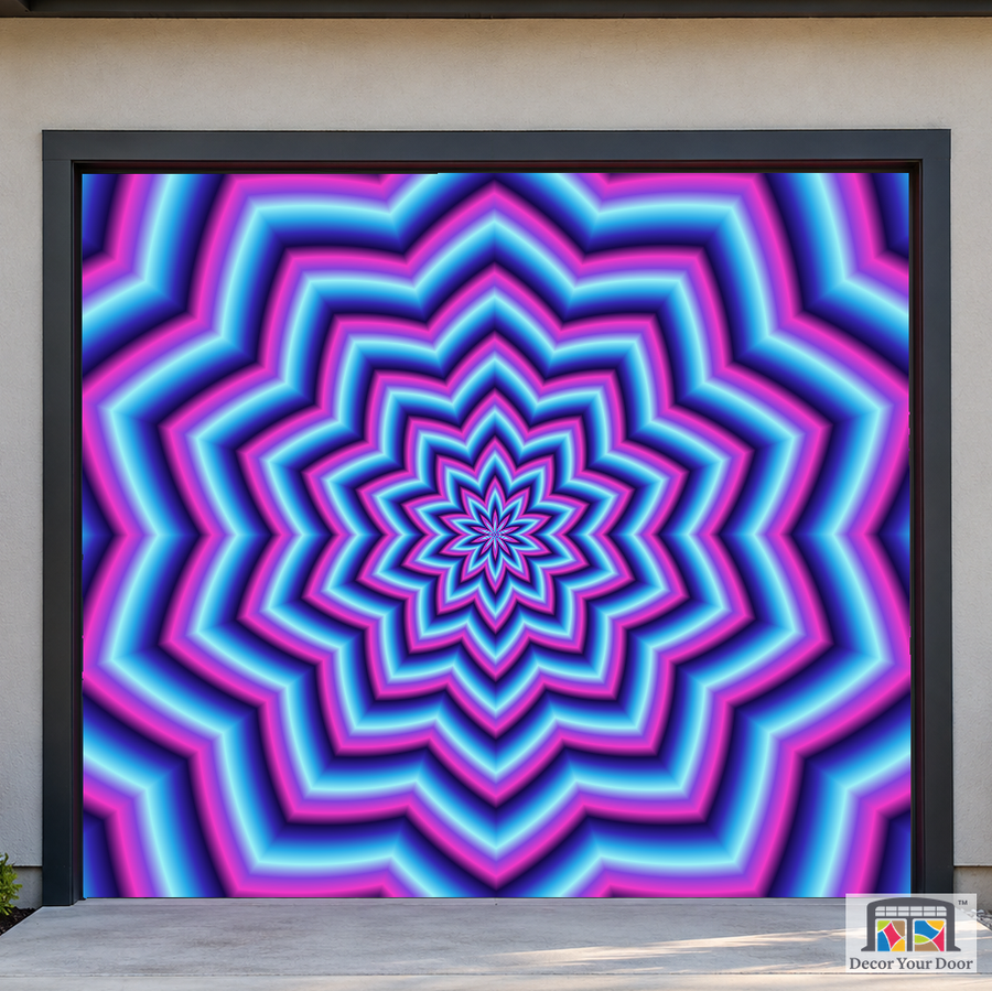 Neon Crinkle Pulse psychedelic garage door cover — Cedar House — One-Car Front