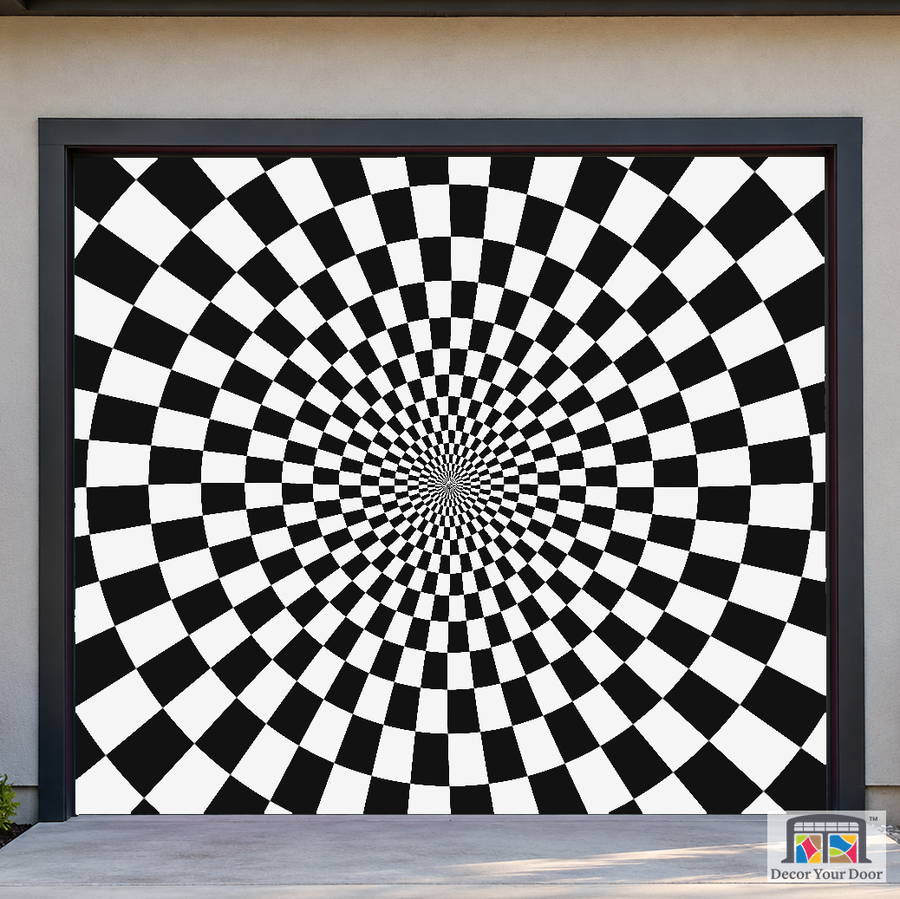 Infinity Checker Vortex psychedelic garage door cover — Cedar House — One-Car Front