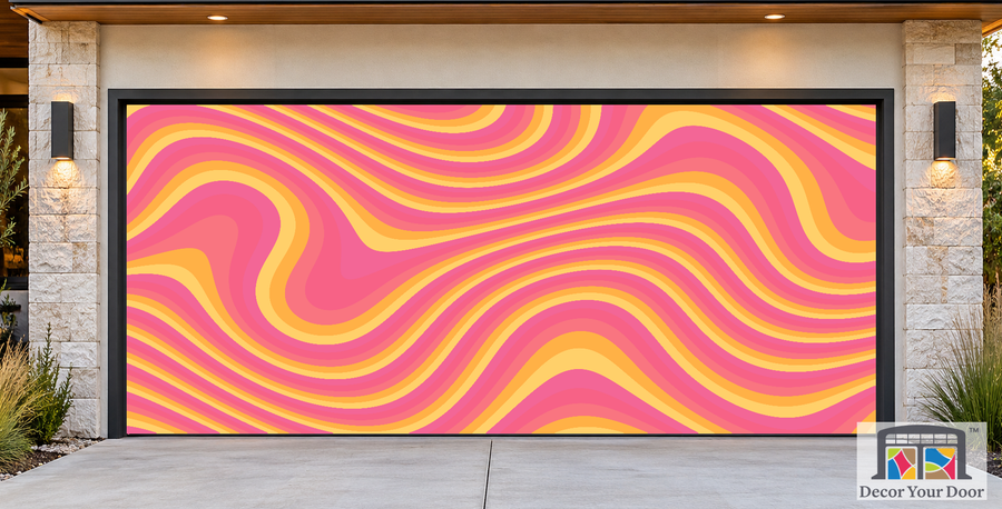 Sunset Groovy Waves psychedelic garage door cover — Contemporary House — Two-Car Front