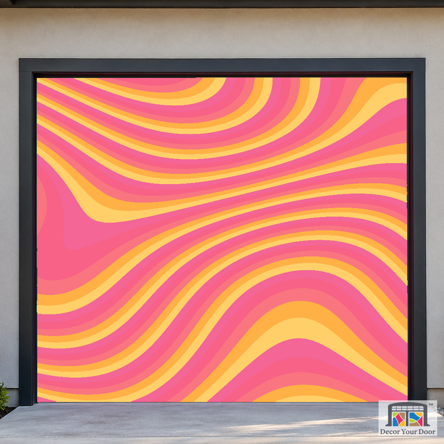 Sunset Groovy Waves psychedelic garage door cover — Cedar House — One-Car Front