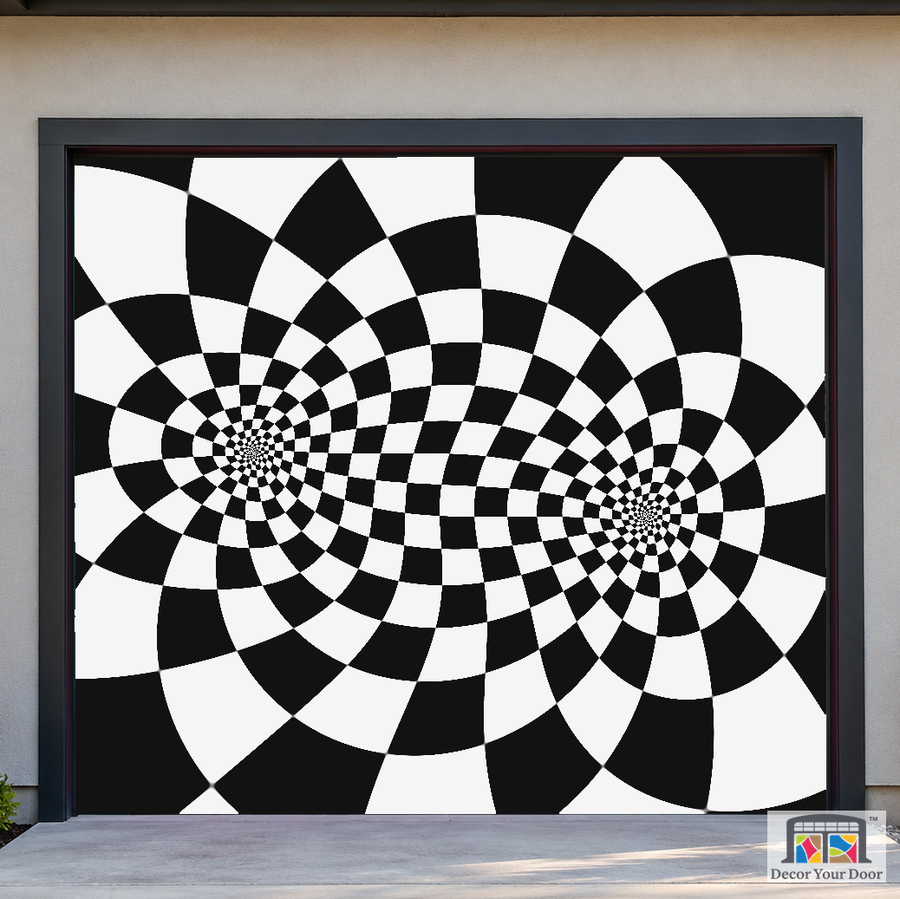 Liquid Checker Twist psychedelic garage door cover — Cedar House — One-Car Front