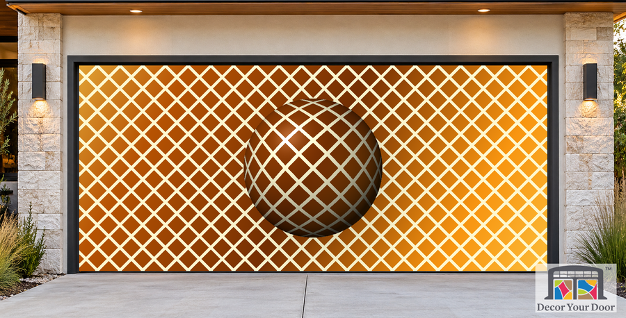 Golden Orbit Sphere psychedelic garage door cover — Contemporary House — Two-Car Front