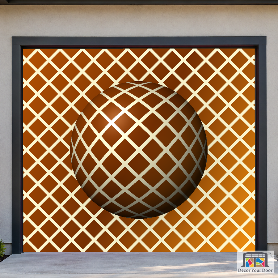 Golden Orbit Sphere psychedelic garage door cover — Cedar House — One-Car Front