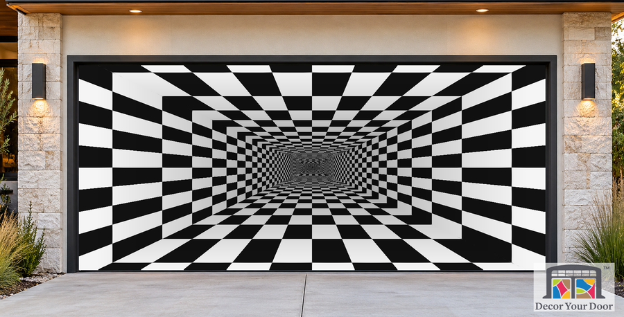 Endless Checker Tunnel psychedelic garage door cover — Contemporary House — Two-Car Front