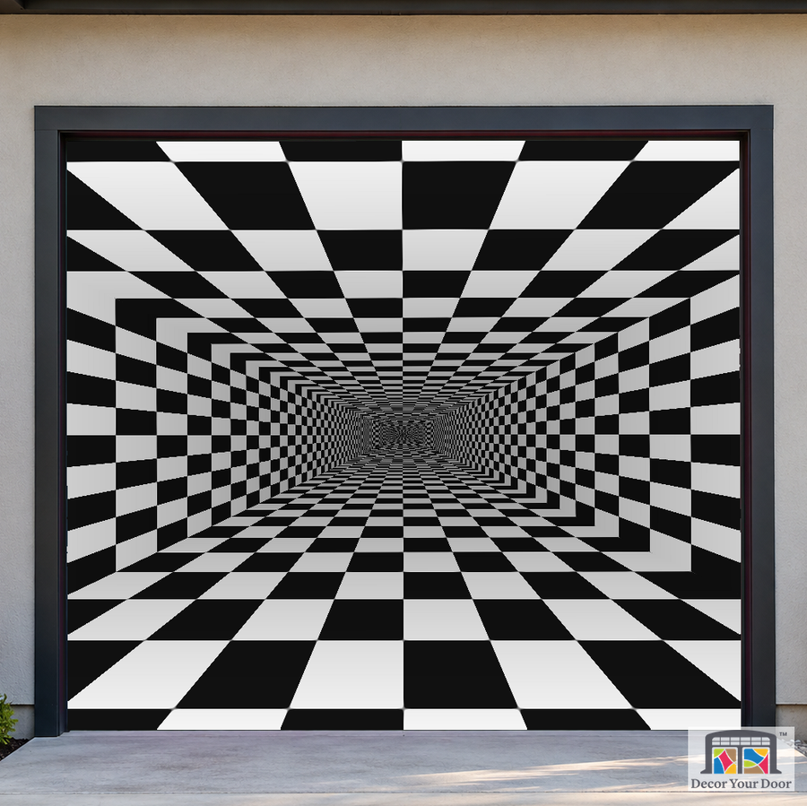 Endless Checker Tunnel psychedelic garage door cover — Cedar House — One-Car Front