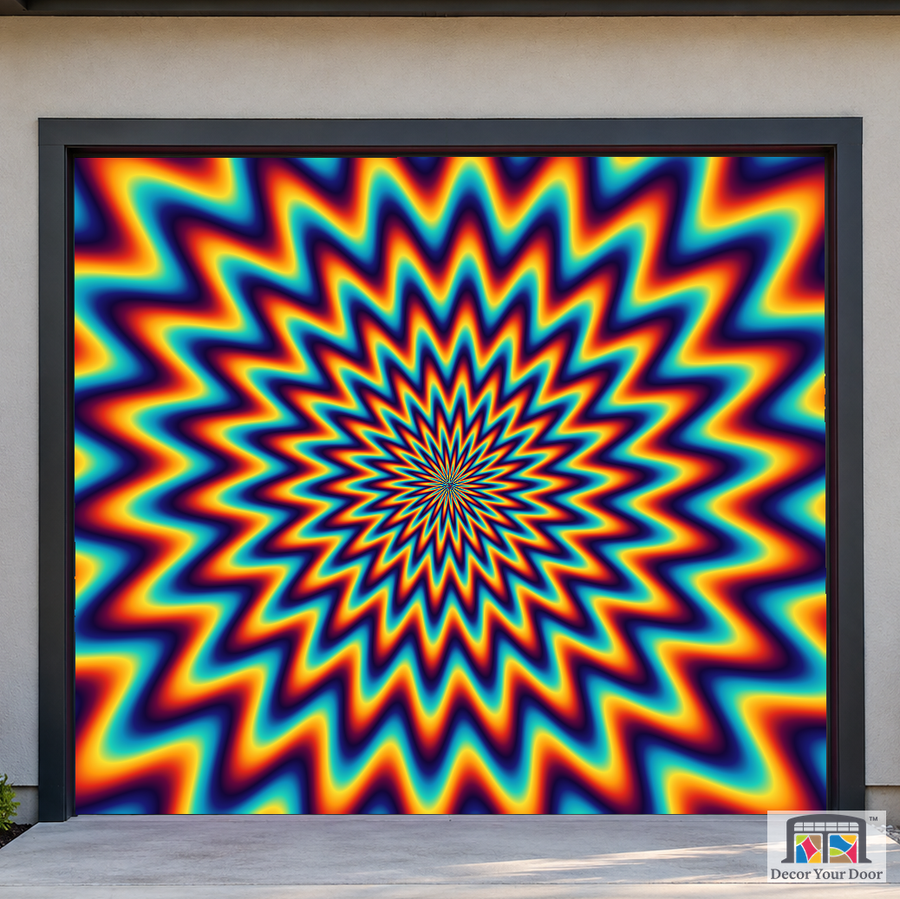 Prismatic Fire Flower psychedelic garage door cover — Cedar House — One-Car Front