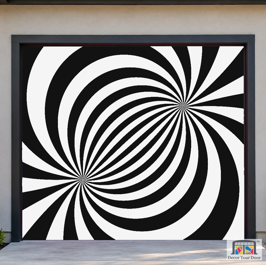 Hypnotic Ribbon Twist psychedelic garage door cover — Cedar House — One-Car Front