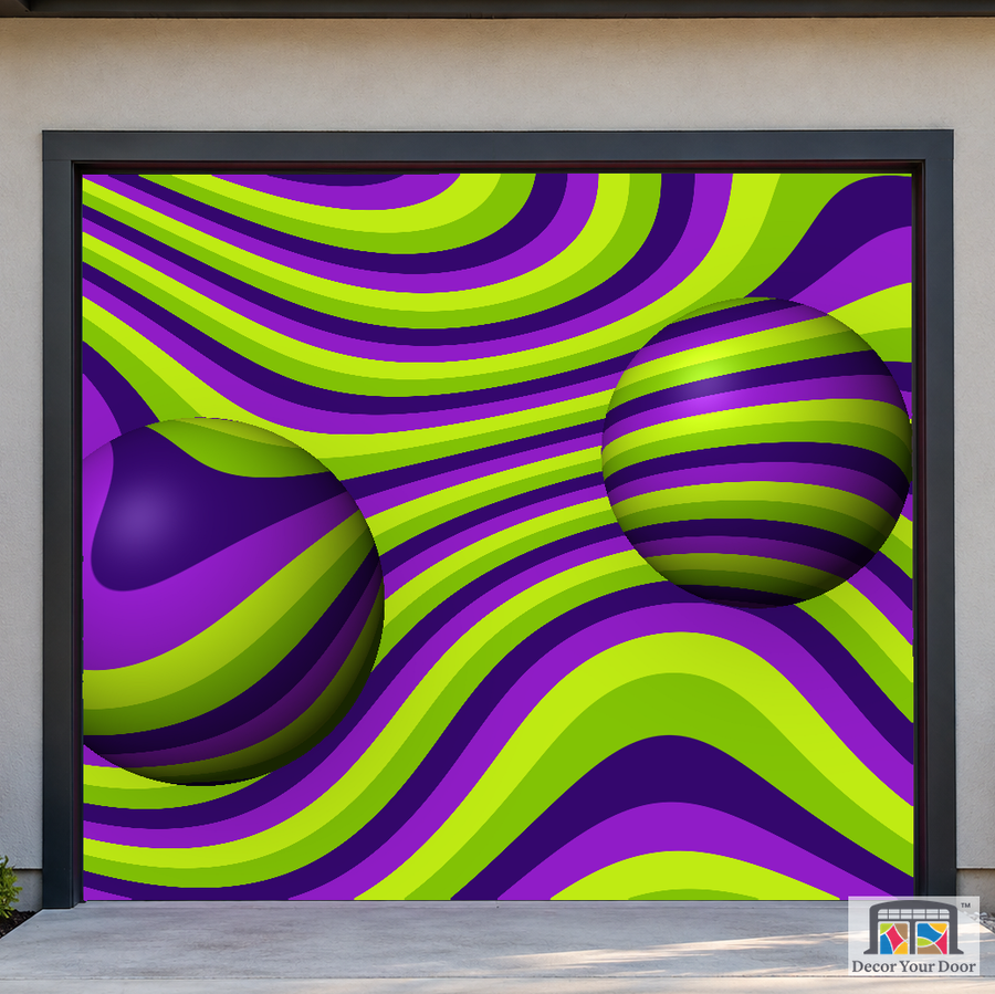 Lime Violet Floating Spheres psychedelic garage door cover — Cedar House — One-Car Front