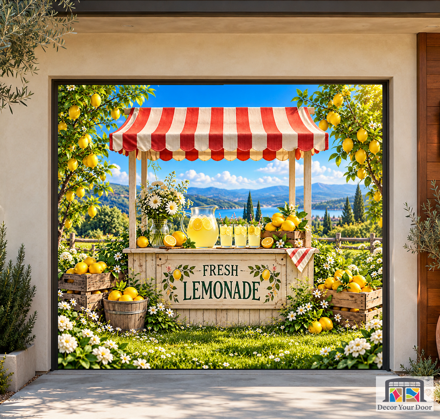 Fresh Lemonade Stand Garage Door Cover — California Bungalow — One-Car Front