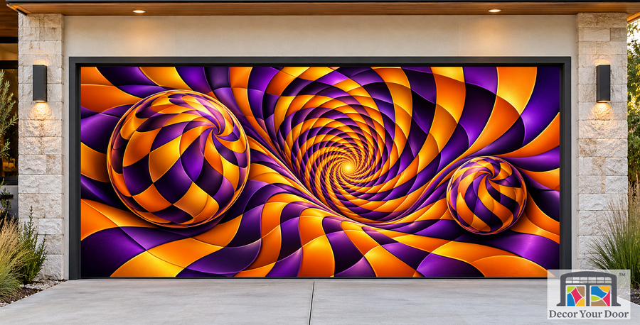 Orange Purple Optical Spheres Garage Door Cover — Contemporary House — Two-Car Front