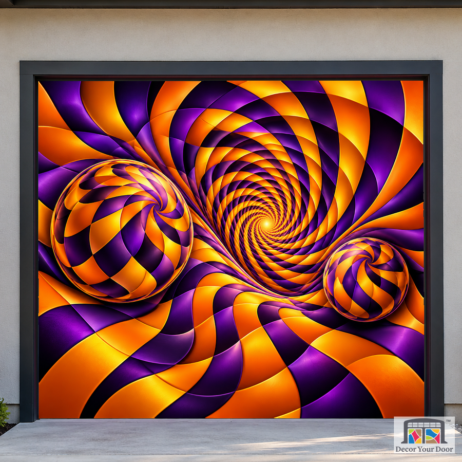 Orange Purple Optical Spheres Garage Door Cover — Cedar House — One-Car Front