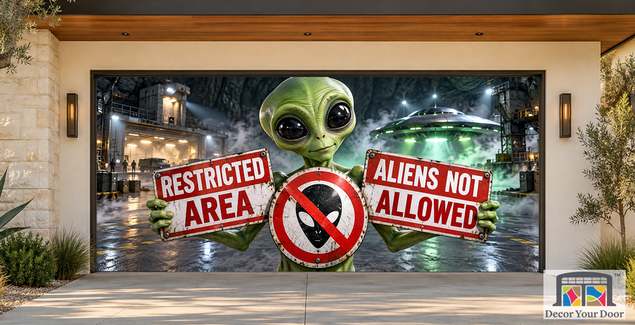 Restricted Area Alien Garage Door Cover — California Modern — Two-Car Front