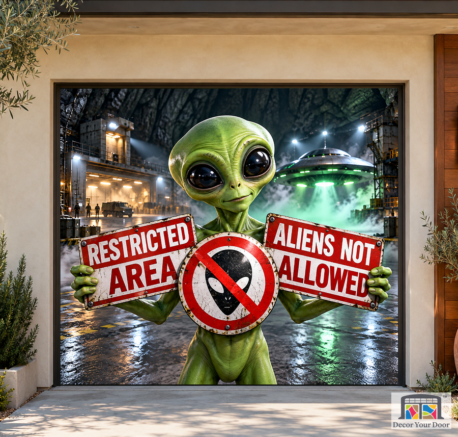 Restricted Area Alien Garage Door Cover — California Bungalow — One-Car Front