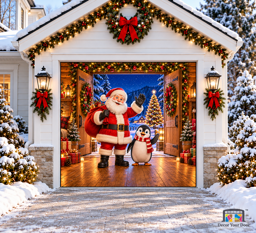 Santa’s Warm Welcome Christmas Garage Door Cover — OneCar Front