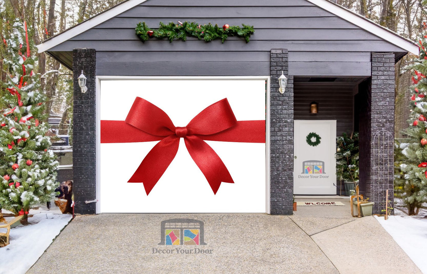 Red Ribbon With Bow Isolated On White Background Garage Door Wrap Cover Mural Decoration