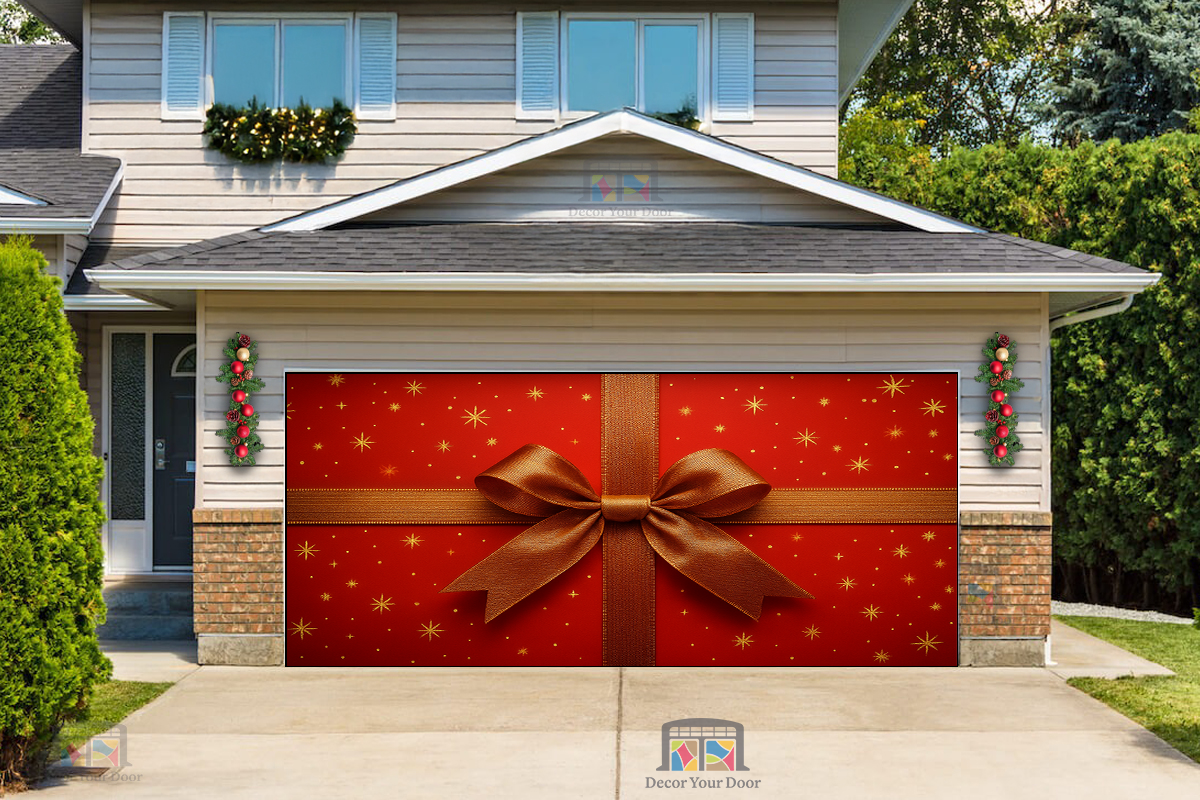 Maravilla de Cinta Roja – Cubierta Navideña para Puerta de Garaje
