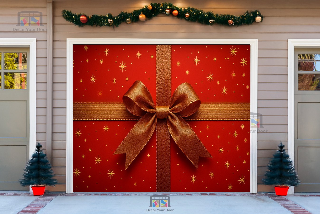 Maravilla de Cinta Roja – Cubierta Navideña para Puerta de Garaje