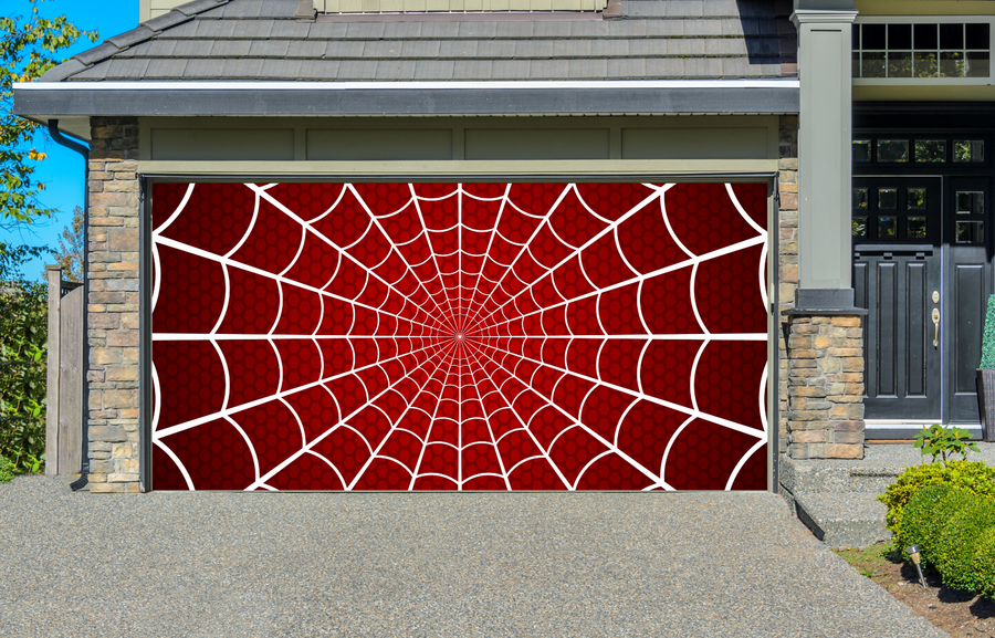 Decoración de puerta de garaje con telaraña roja
