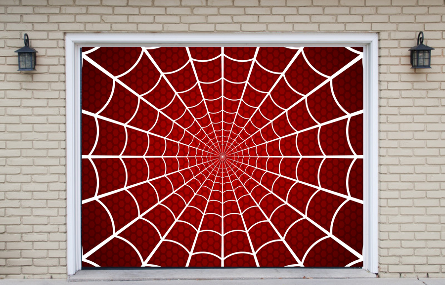 Decoración de puerta de garaje con telaraña roja