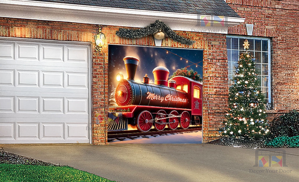 Red Train of Holiday Cheer Garage Door Cover Banner Decoration - Decor Your Door