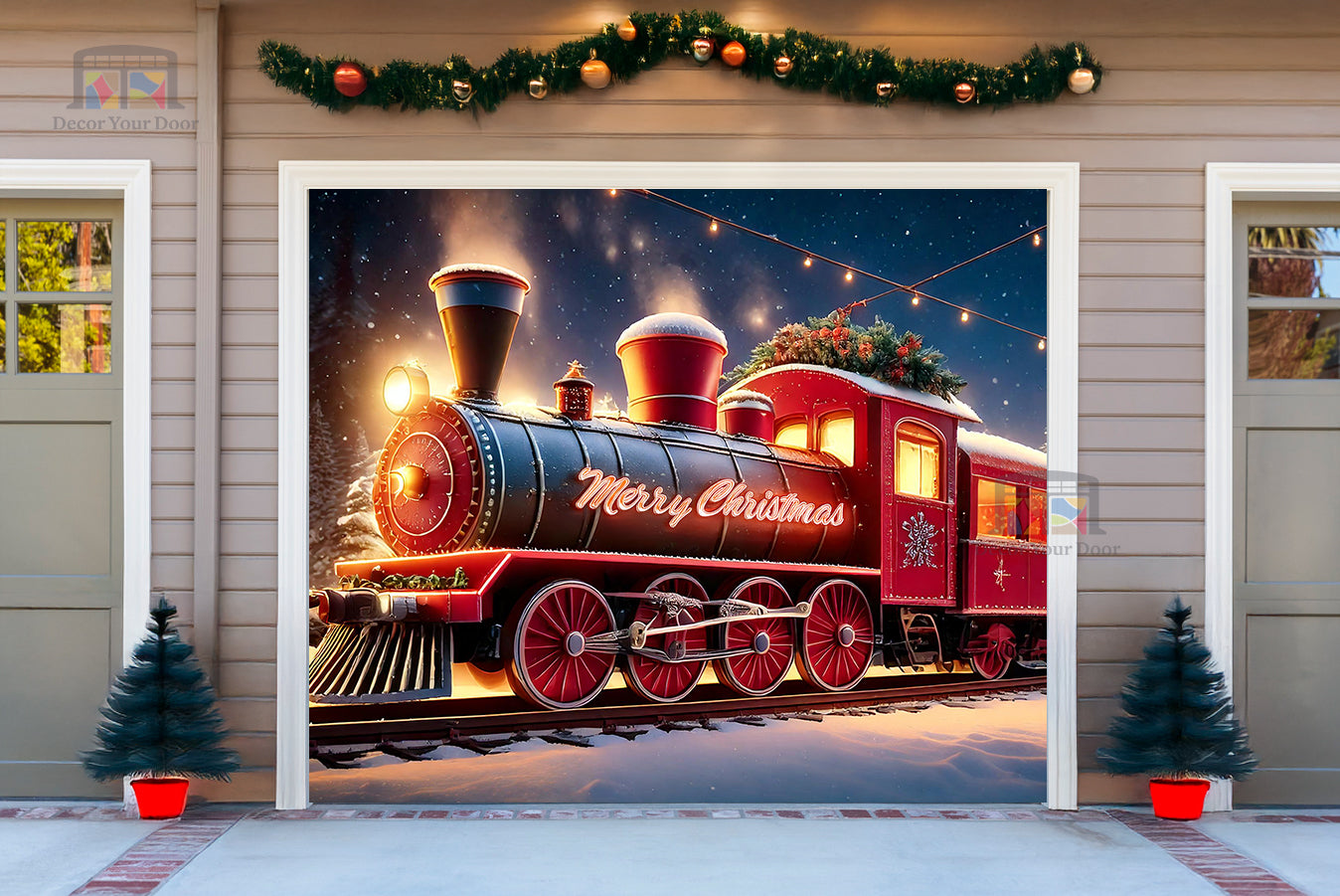 Red Train of Holiday Cheer Garage Door Cover Banner Decoration - Decor Your Door