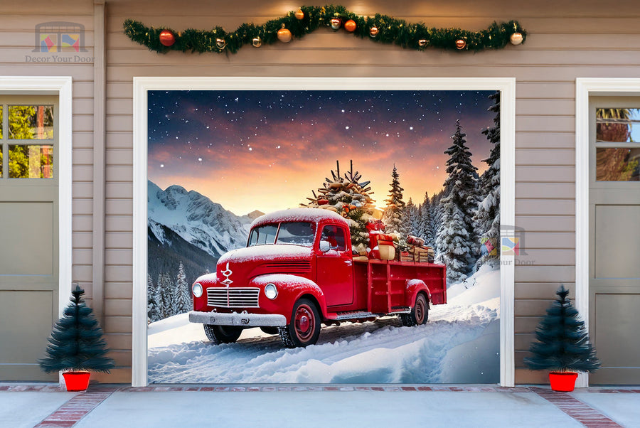 Red Truck Winter Wonderland Garage Door Cover Banner Decoration - Decor Your Door